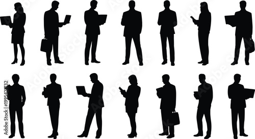 Silhouettes of business people standing with laptops and briefcases on white background for corporate and professional concepts