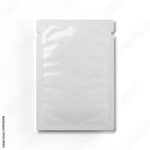 Empty surface four-sided seal glossy plastic sachet packaging mockup 3D render on a transparent background