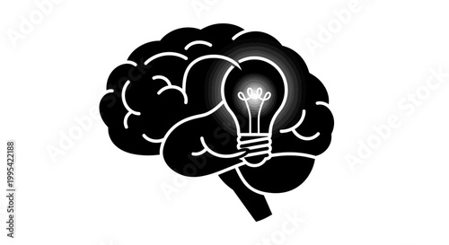 A black and white vector graphic of a brain with a glowing lightbulb representing an idea