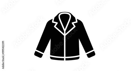 A minimalist vector graphic of a black jacket with white trim on a plain background