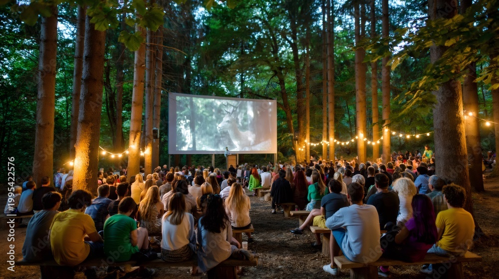 Obraz premium Audience enjoying outdoor cinema in summer forest