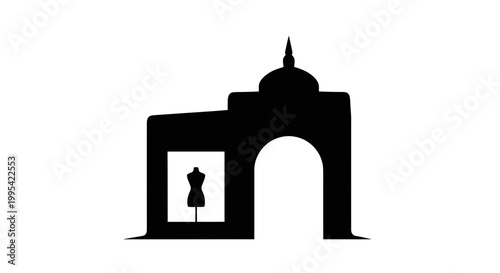 A black silhouette of a building with an archway and a mannequin in a window