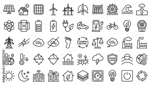 Clean energy and sustainable technology outline icon set for green infrastructure, smart city, climate awareness, or eco platform UI design