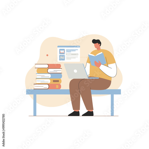 Student studying with laptop and books on bench.