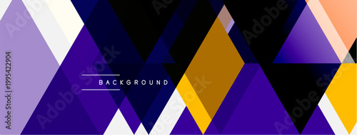 Abstract geometric shapes create vibrant background. Purple, gold, white hues dominate design. Modern aesthetic, clean lines present.