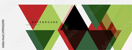 Abstract geometric shapes overlap, creating dynamic visual texture. Red, green, brown hues dominate design. White space provides contrast.