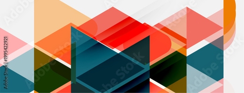 Abstract geometric composition. Overlapping shapes create dynamic visual texture. Warm, cool colors blend seamlessly. Modern design element.