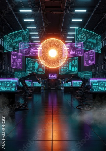 Robotic arms operate within a futuristic laboratory featuring a glowing central energy sphere and holographic data interfaces.