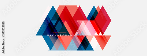 Abstract geometric shapes overlap, creating dynamic composition. Red, blue, pink hues dominate design. Minimalist style, modern aesthetic.