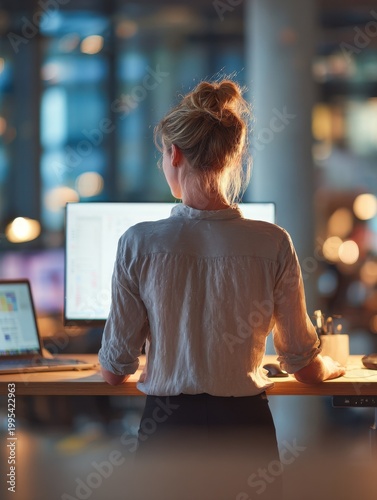 Transgender professional organizing digital workflow at standing desk in modern open-plan office