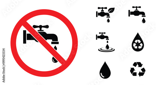 No water usage prohibition signs depicting closed faucets in red circles