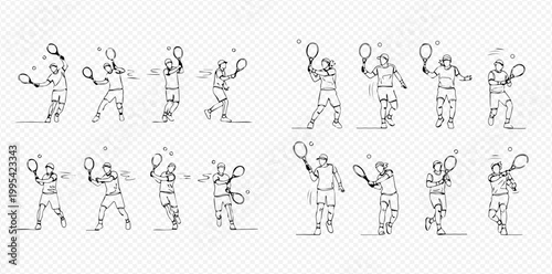 Tennis Player Actions Continuous Line Drawing Vector Illustration Set.