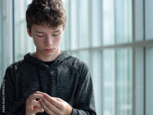 Teen with Autism Engaged in Stimming with Fidget Toy in Calm Library Setting
