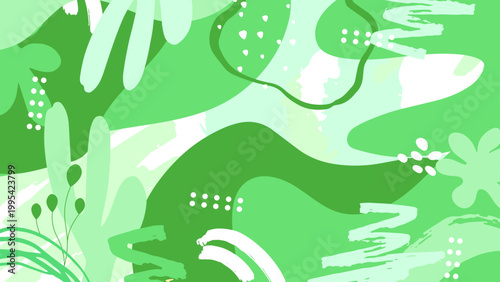 Vibrant green organic abstract background with nature inspired hand drawn shapes and artistic patterns for eco friendly and fresh designs