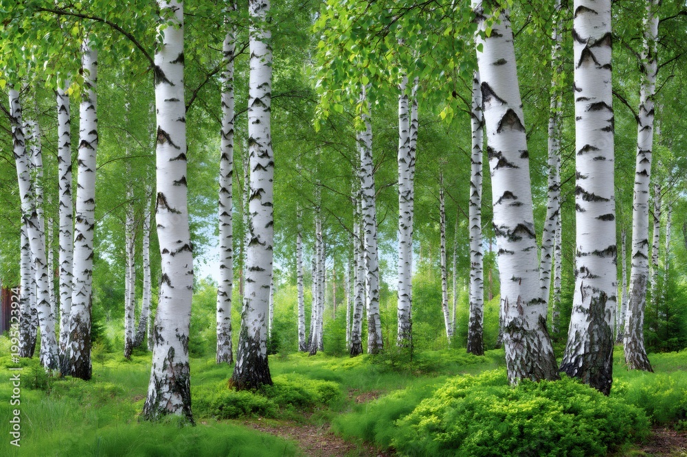 Obraz premium Birch forest trees with green leaves in summer woodland
