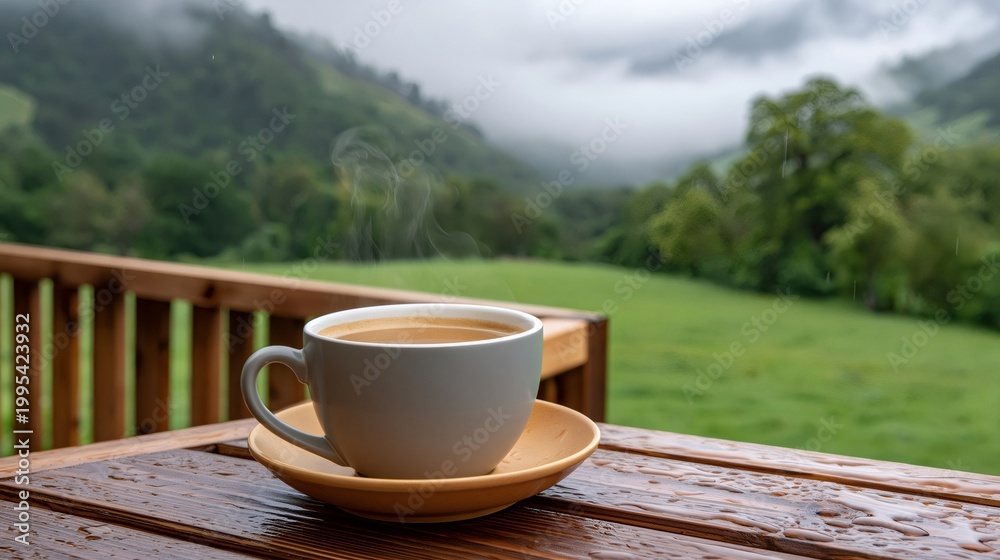 Obraz premium Steaming coffee cup on wet wooden table with misty mountains