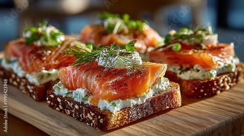 Appetizing Freshly Prepared Smoked Salmon Toast with Cream Cheese Dill and Microgreen Garnish on Wooden Board Food