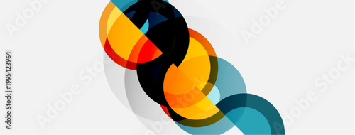 Abstract design features overlapping circles. Orange, black, teal hues create dynamic composition. Minimalist style, modern aesthetic.