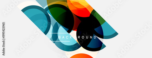 Abstract colorful shapes overlap, creating dynamic visual effect. Light background enhances vibrant design elements.