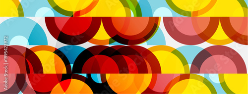 Abstract pattern features overlapping colorful arcs. Bright hues create dynamic visual texture. Shapes suggest movement, rhythm, repetition.