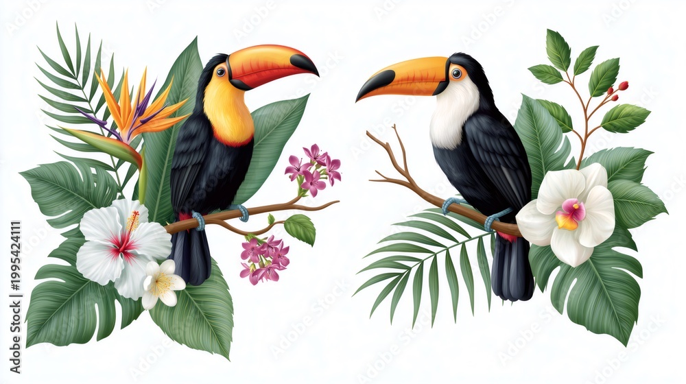 Naklejka premium Toucans perched on branches with exotic tropical leaves and flowers