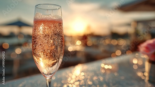 Golden Hour Romantic Sparkling Rose Wine Glass with Bubbly Drink and Blurred Sunset Bokeh Background Beverage