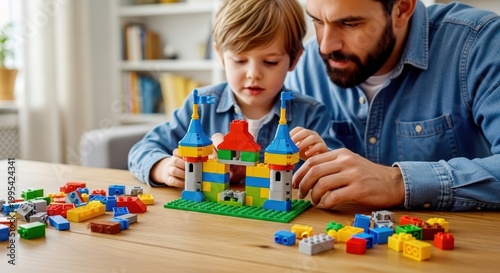 Fathers Day family bonding moment with children playing with colorful lego bricks creating a castle together on a wooden table