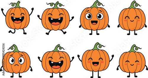 Cute pumpkin cartoon characters set with funny faces, Halloween vegetable mascots, kawaii autumn icons collection vector illustration