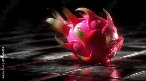 Close-up of Ripe Tropical Dragon Fruit on Dark Reflective Surface with Dramatic Lighting Fresh Food Produce
