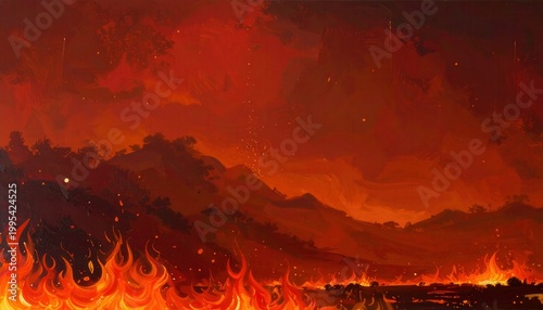 거대한 산불이 번지는 붉은 하늘 아래 타오르는 뜨거운 불꽃과 자욱한 연기가 가득한 산맥의 풍경을 묘사한 강렬하고 극적인 분위기가 느껴지는 고해상도 디지털 일러스트레이션 배경 이미지입니다.
