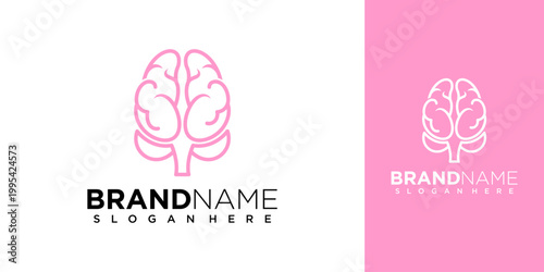 A close-up view of a brain logo on a pink and white background with text