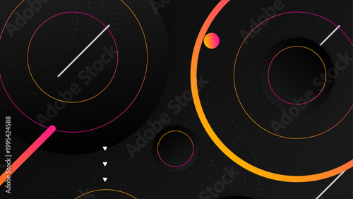 Premium dark background featuring minimalist geometric circles with vibrant orange and pink gradient outlines for modern digital design projects