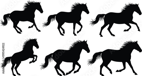 Set of Black Vector Silhouettes of Wild Galloping Horses in Different Dynamic Running and Rearing Poses Isolated on Plain White Background