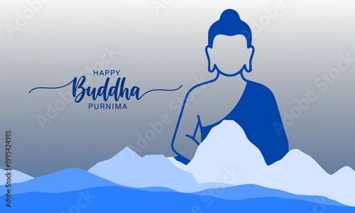 
Happy Buddha Purnima elegant greeting card featuring a blue Gautama Buddha upper body illustration with calligraphy script and layered blue waves, ideal for Vesak, Buddha Jayanti posters 