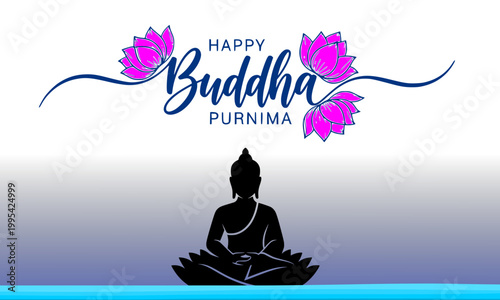 Happy Buddha Purnima elegant greeting card with a meditating Gautama Buddha silhouette, blooming pink lotus flowers, and decorative calligraphy, perfect for Vesak and Buddha Jayanti celebrations.