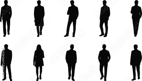 Collection of diverse business people silhouettes standing in various poses on white background for presentations and infographics