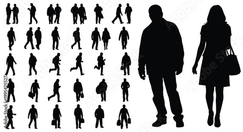 Collection of various human silhouettes in different poses and walking styles for graphic design