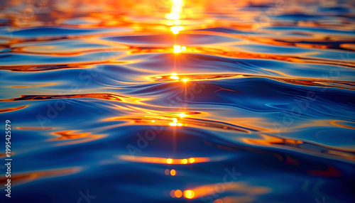 Golden Sunset Reflecting on Rippling Blue Water Surface.