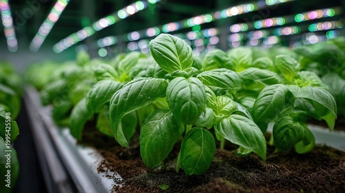 Vibrant Fresh Green Basil Herb Plant Growing in Modern Indoor Vertical Farm with Bokeh LED Lights Background