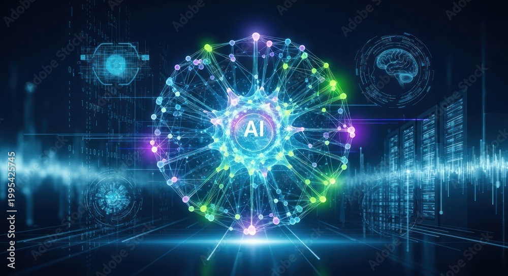 Fototapeta premium Futuristic digital network structure with glowing nodes over a dark background.