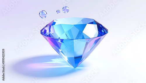 A vibrant, digitally rendered diamond rests on a reflective surface, with smaller, sparkling gems floating gently above, creating a mesmerizing display of light and luxury.