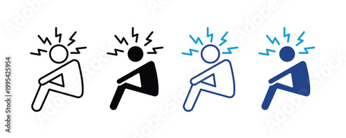 Stress headache and migraine icon vector set. Mental health burnout, chronic pain tension, and frustrated person suffering symbol.