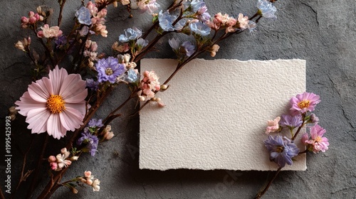 Natural Rustic Flat Lay of Blank Textured Deckled Edge Paper with Delicate Dried Pastel Flowers on Dark Stone Background for Greeting Card Template