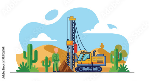 Construction site featuring a drilling rig and workers in a desert landscape