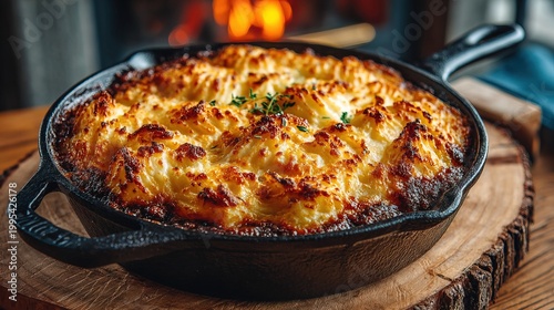 Delicious Rustic Golden Brown Mashed Potato Shepherd's Pie in Cast Iron Skillet