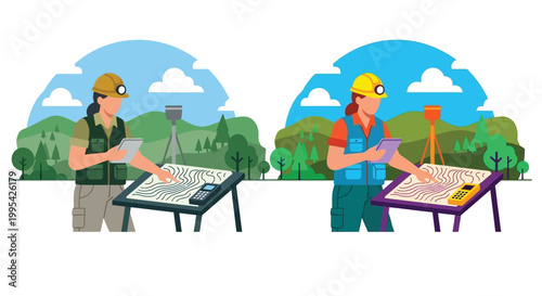 Two surveyors examining topographic maps and data in a landscape