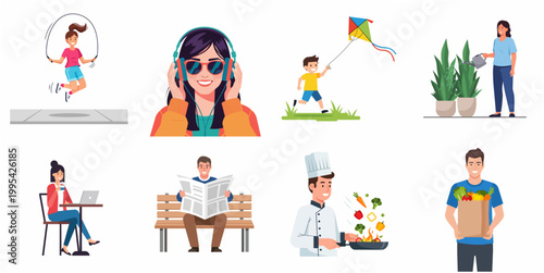 Flat Design Diverse People Doing Daily Activities Illustration Set