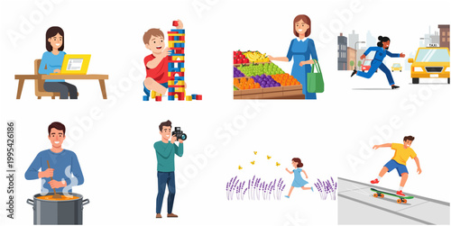 Simple Lifestyle Illustration of People Doing Daily Activities in Various Scenes