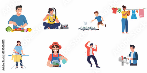 Flat Style Various People Doing Daily Routine Activity Illustration Collection