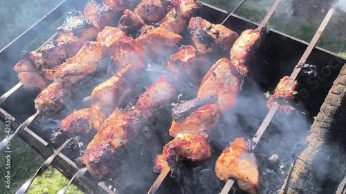 Seasoned meat skewers are cooked over hot coals on a grill. Juicy, flavorful pieces of meat.